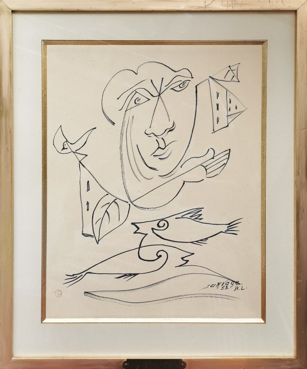 L. SURVAGE, composition cubiste et surréaliste, dessin original signé, encre sur papier, 1958