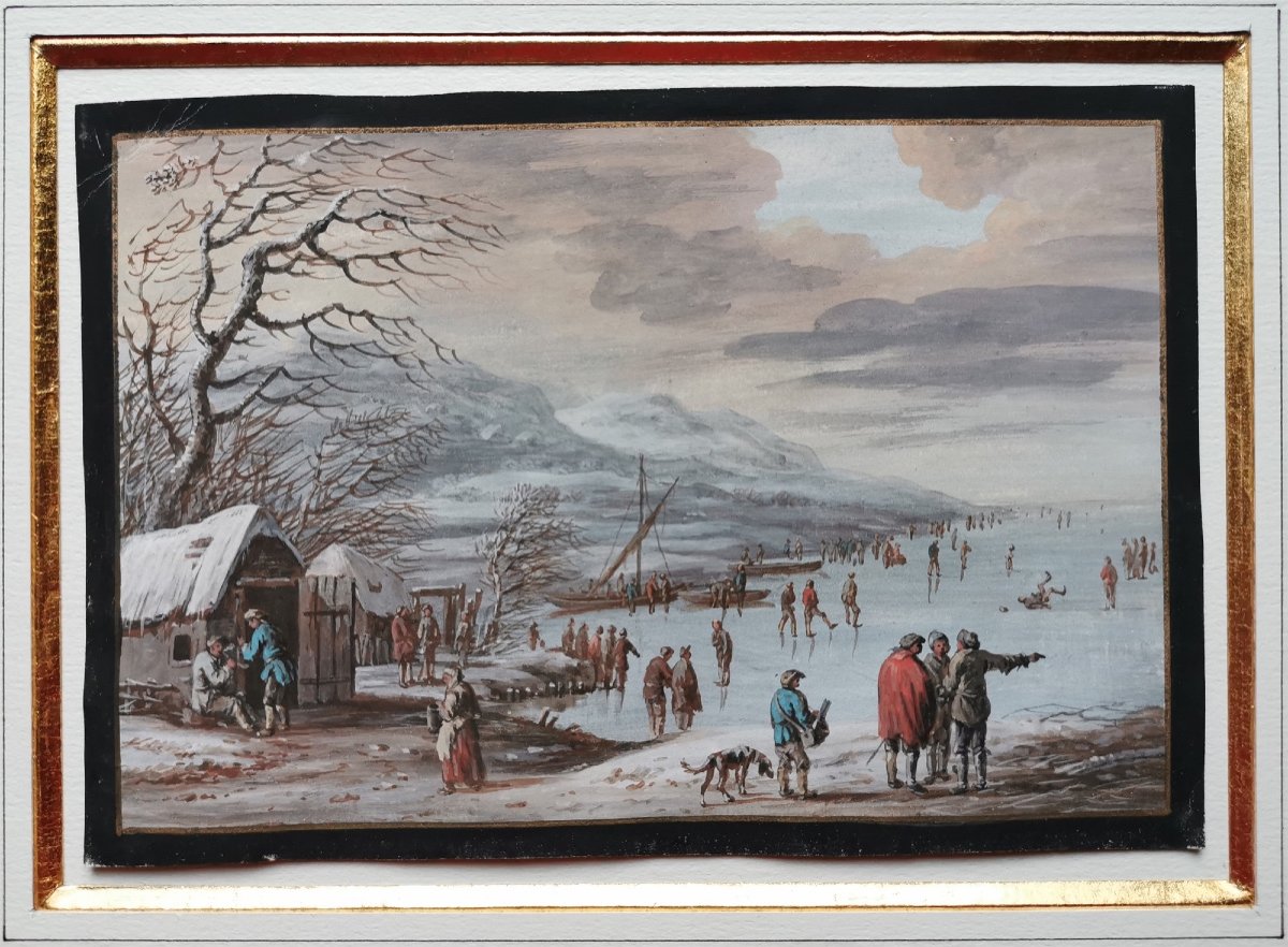 Abraham RADEMAKER (1675-1735) Attr. Gouache Age D’or Hollandais, Patinage Hivernal Sur Un Lac-photo-2