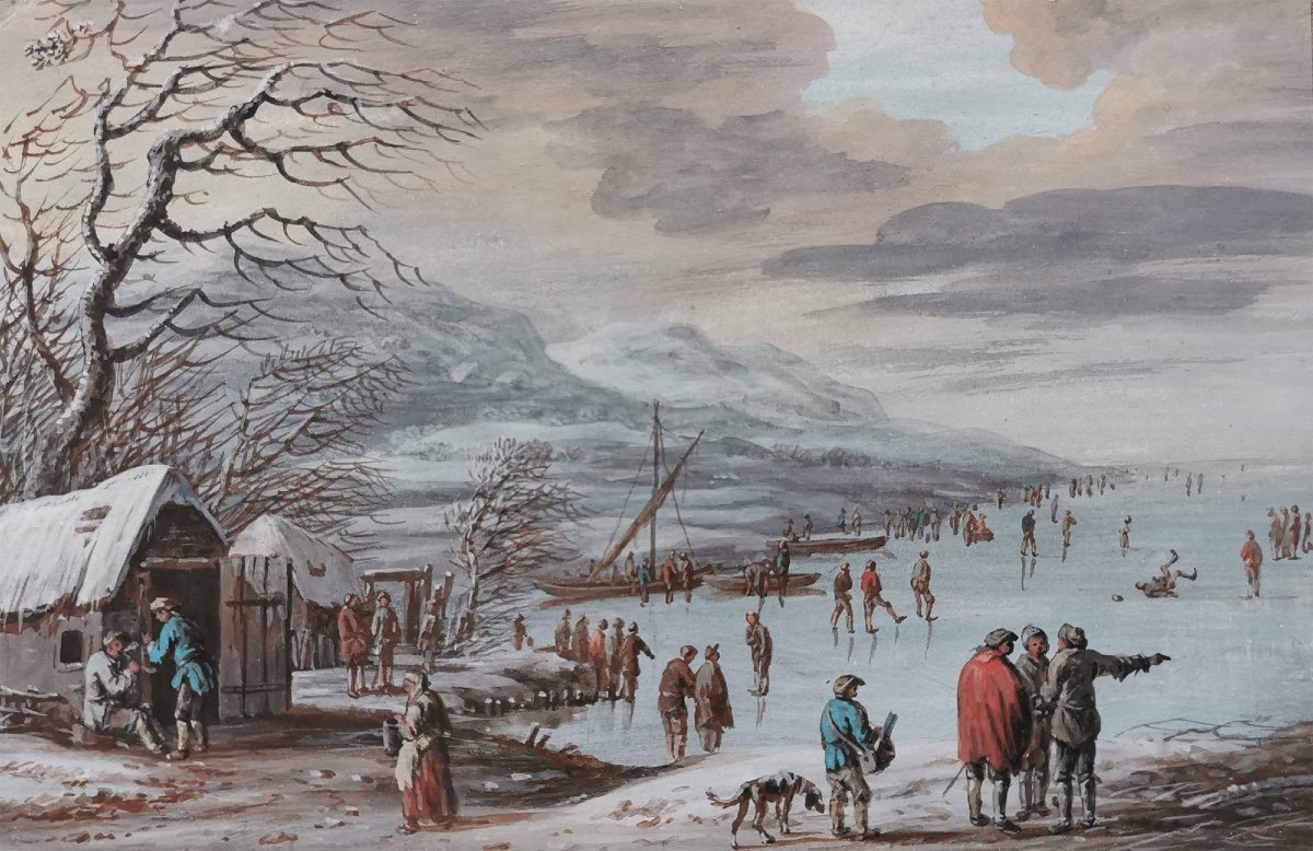 Abraham RADEMAKER (1675-1735) Attr. Gouache Age D’or Hollandais, Patinage Hivernal Sur Un Lac-photo-3