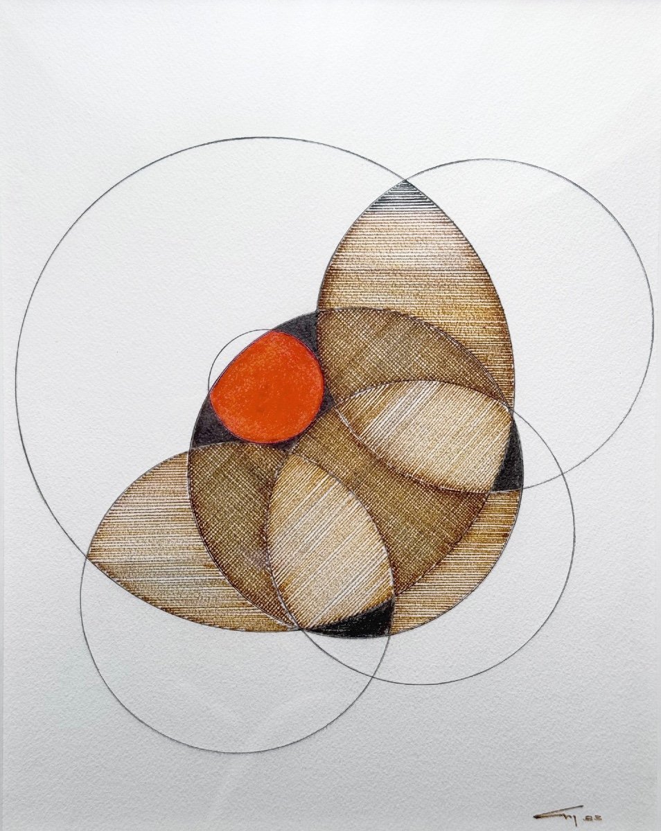 Geometric Abstraction, Drawing Signed And Dated 1983, Graphite, Red, Black And Brown Ink-photo-2