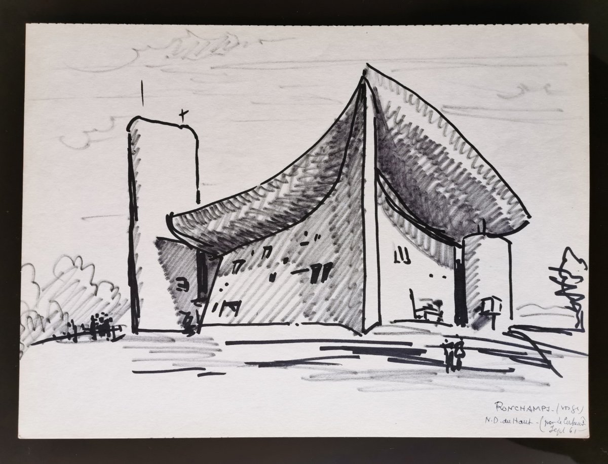 Felt-tip Drawings After Le Corbusier, Notre-dame Du Haut Ronchamp Chapel Listed By Unesco-photo-2