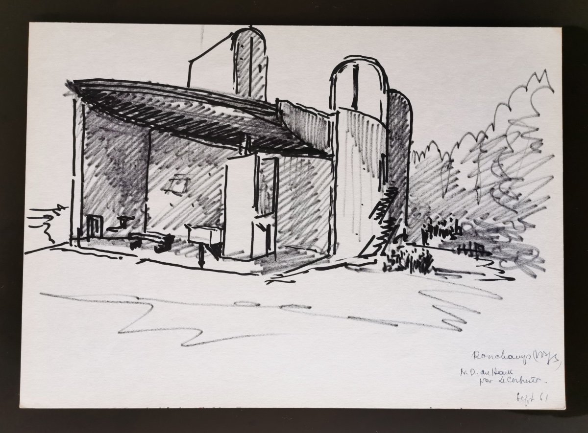 Felt-tip Drawings After Le Corbusier, Notre-dame Du Haut Ronchamp Chapel Listed By Unesco-photo-3