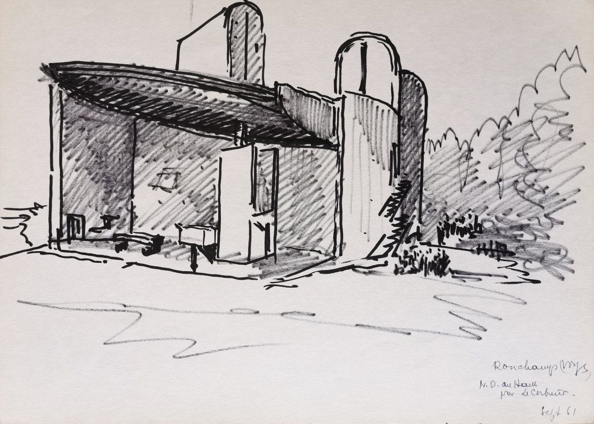 Felt-tip Drawings After Le Corbusier, Notre-dame Du Haut Ronchamp Chapel Listed By Unesco-photo-4