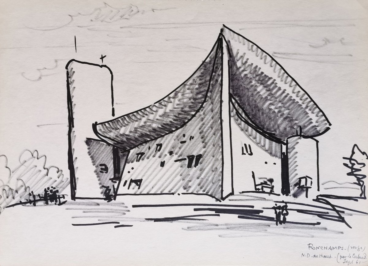 Felt-tip Drawings After Le Corbusier, Notre-dame Du Haut Ronchamp Chapel Listed By Unesco