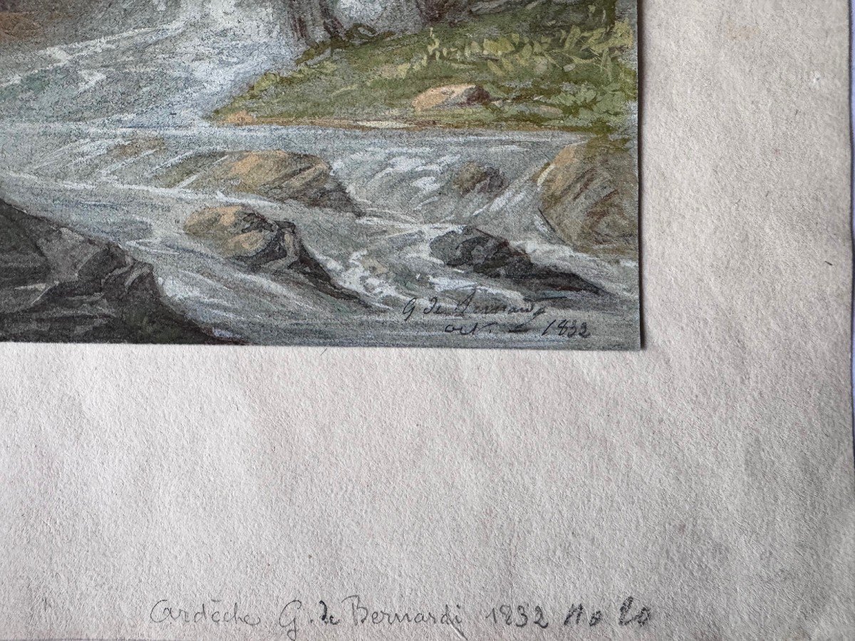 G. De Bernardy, Watercolor Signed And Dated 1832, Waterfall And Tree-filled River Bank In Ardèche-photo-3