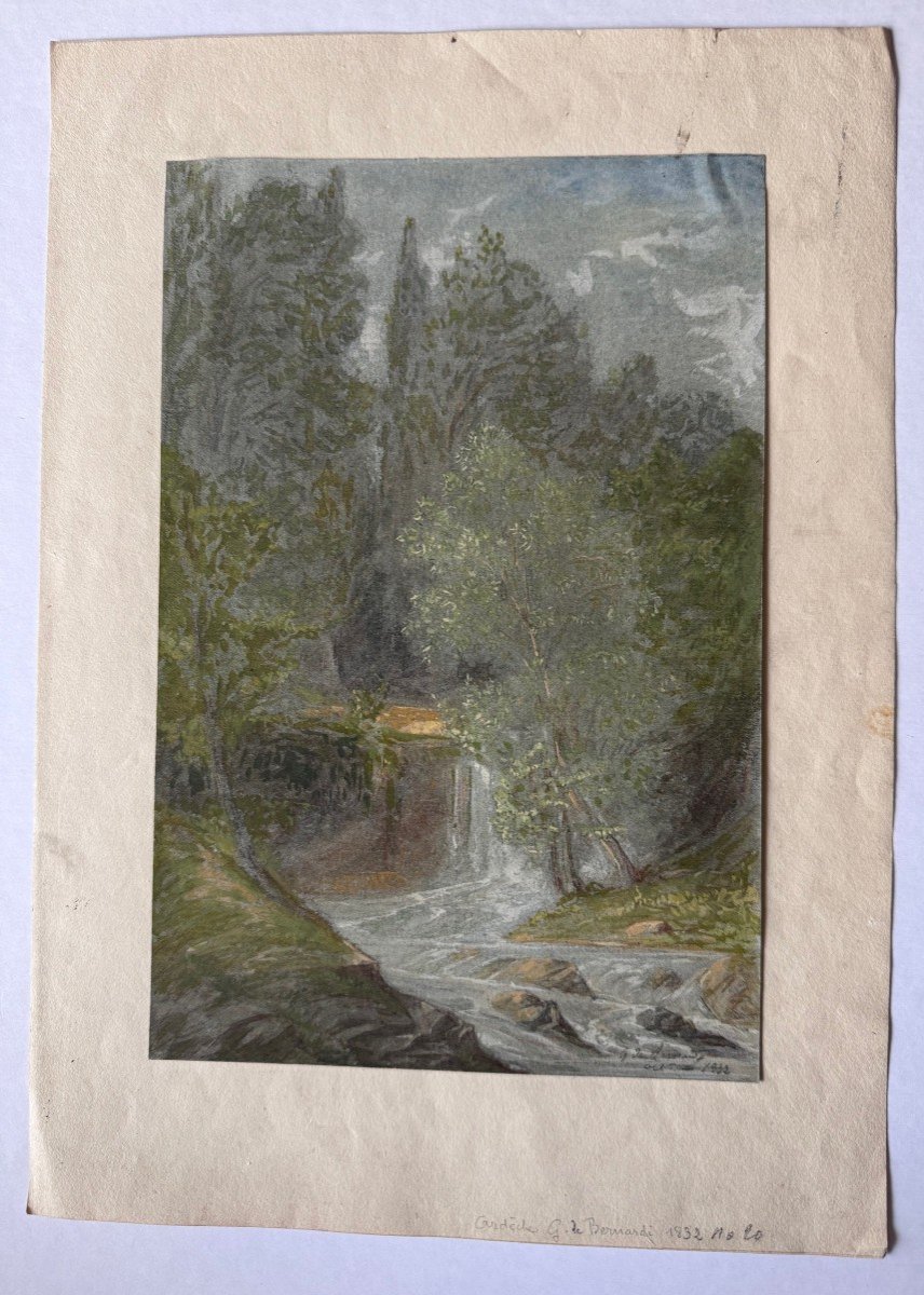 G. De Bernardy, Watercolor Signed And Dated 1832, Waterfall And Tree-filled River Bank In Ardèche-photo-4