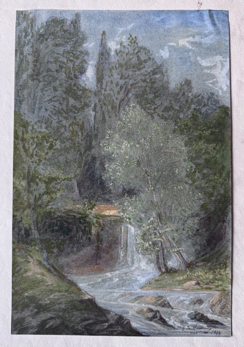 G. De Bernardy, Watercolor Signed And Dated 1832, Waterfall And Tree-filled River Bank In Ardèche