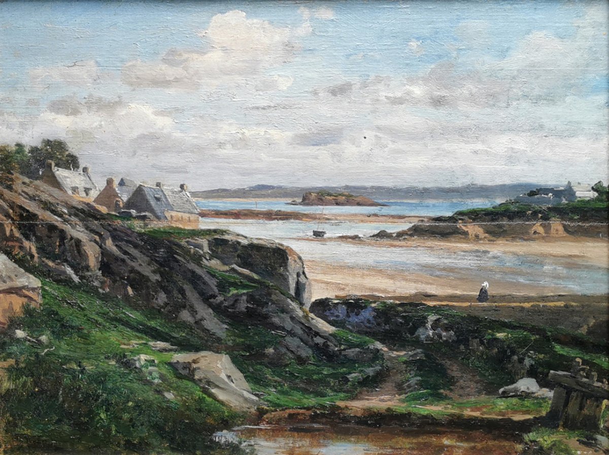 Ecole de Camille Corot, XIXe, Bord de mer breton, Ile de Batz ? Huile sur panneau-photo-2