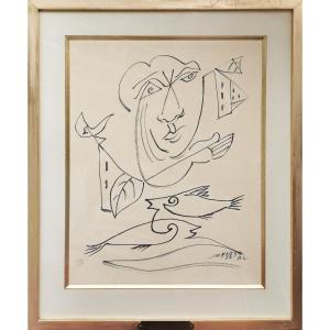 L. SURVAGE, composition cubiste et surréaliste, dessin original signé, encre sur papier, 1958