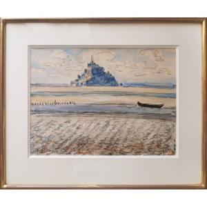 JEAN PESKÉ -  Le Mont Saint-Michel et sa baie - Aquarelle Signée, Postimpressionnisme