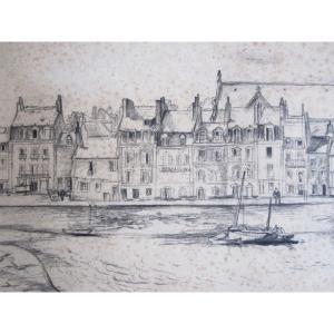 Belle-ile-en-mer, View Of The Port Of Le Palais, Large Drawing Located And Signed La Riou 19th Century