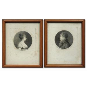 Edmé  Quenedey, 2 Physionotraces, portraits d’un homme et d’une femme 1er Empire, 1810