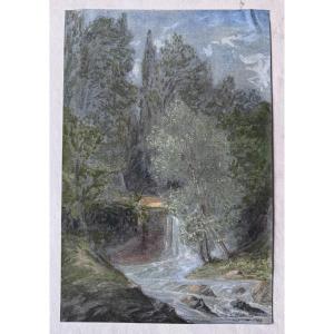 G. De Bernardy, Watercolor Signed And Dated 1832, Waterfall And Tree-filled River Bank In Ardèche