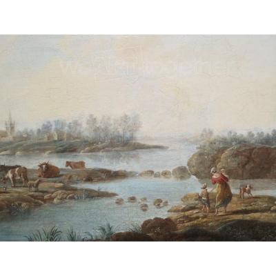 Louis-philippe Crépin (1772-1851), Bord De Pastorale In River, Oil On Panel, Eighteenth