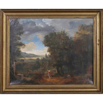 Paysage allégorique au satyre, Ecole Néoclassique du XVIIIe par un suiveur de Poussin