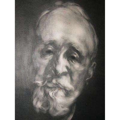 Portrait de Puvis de Chavannes signé au crayon de la main d'Eugène Carrière