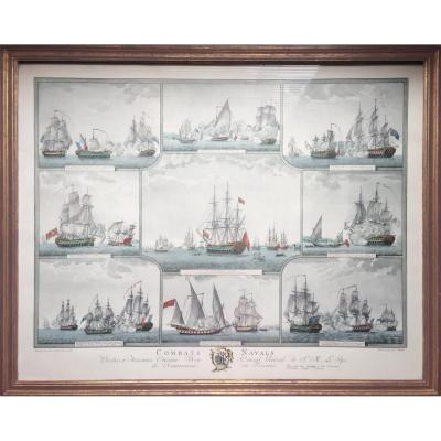 Combats navals, grande gravure ancienne aquarellée, marine militaire historique, fin 18e