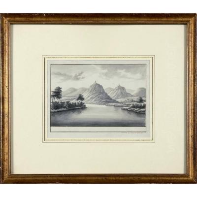 Antoine Leloup, Veduta XVIIIth From Siebengebirge Along The Rhine, Pen And Indian Ink, Signed