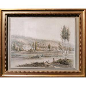 Louis Philippe CrÉpin (1772-1851) Animated Landscape At The Manor, Signed Watercolor Drawing, Dated 1793