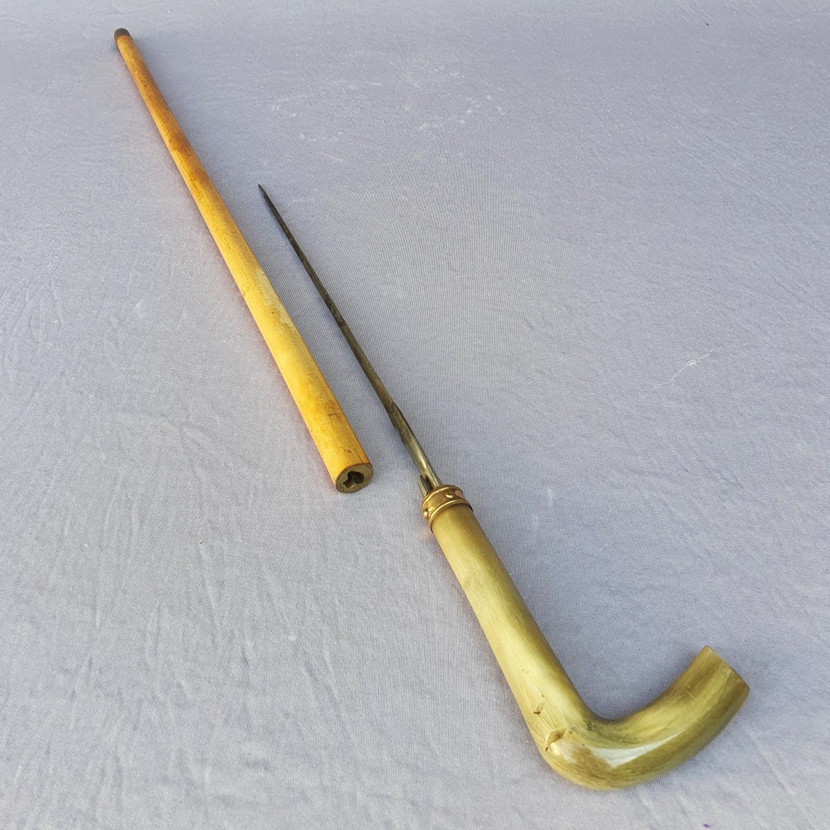 Antique Sword Cane, Dagger, Short Blade, Push Button, Horn