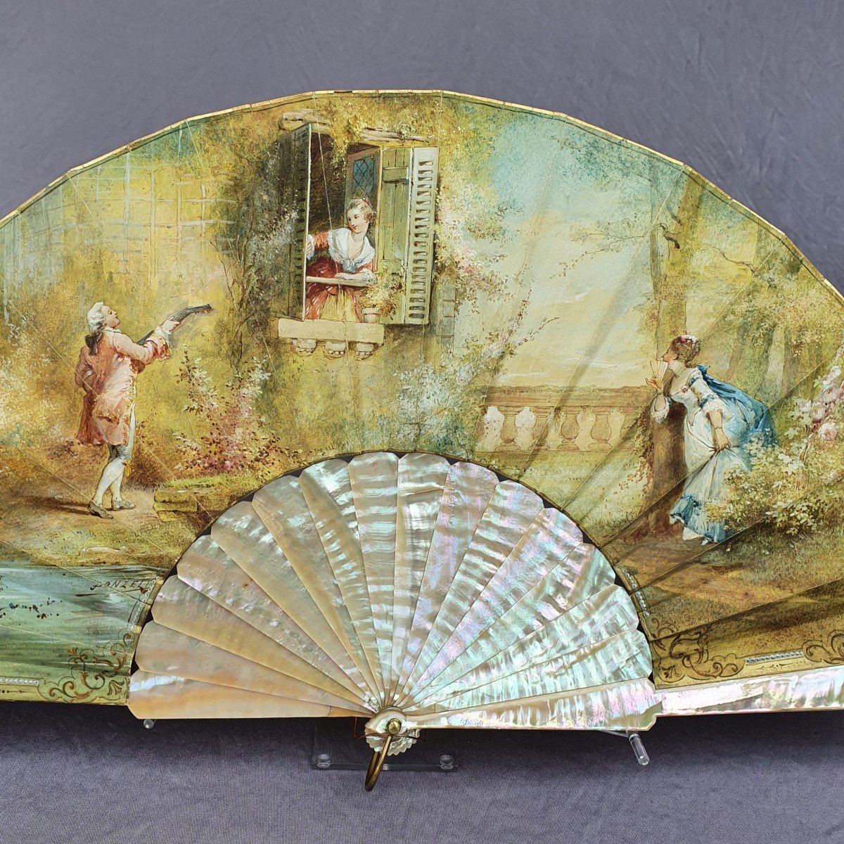 Antique French Fan Signed Donzel, -photo-7