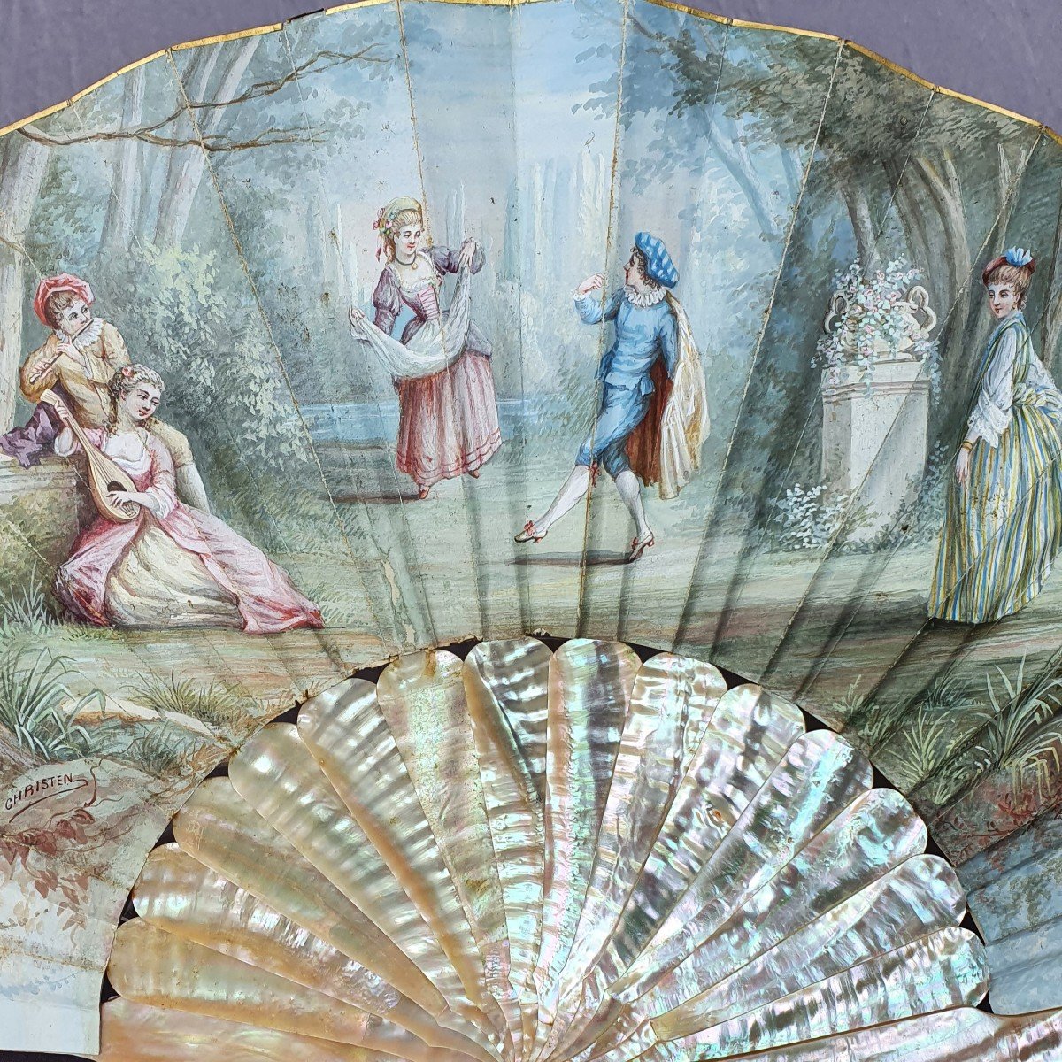 Antique French Fan, Signed Painted Scene, Mother-of-pearl Frame, 19th Century-photo-2