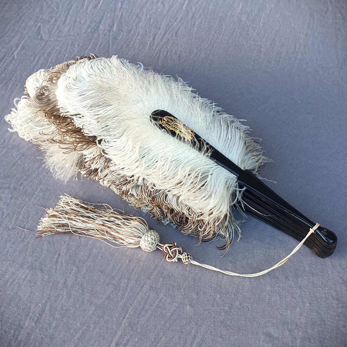 Ostrich And Marabou Feather Fan, Gold Monogram, Circa 1880-photo-2