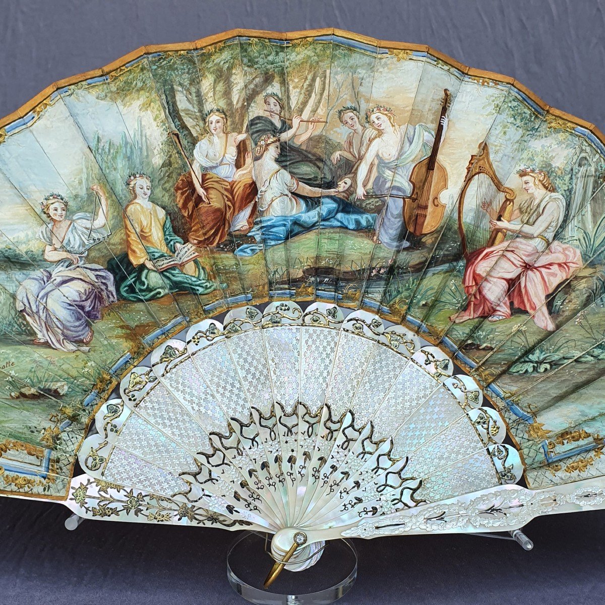 Antique Fan, Les Nymphes Musicians, Signed L. Lamotte, Circa 1880