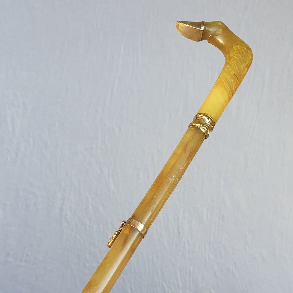 Proantic: Cane Made Entirely Of Horn, Handle Carved With A Horse's Leg