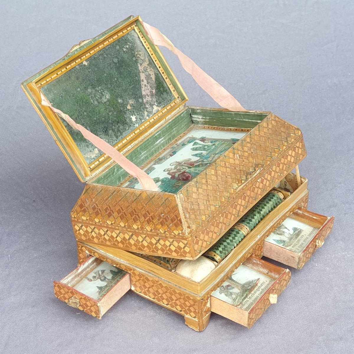 Hairdressing Box In Straw Marquetry, 18th Century "declaration Of Love"-photo-2