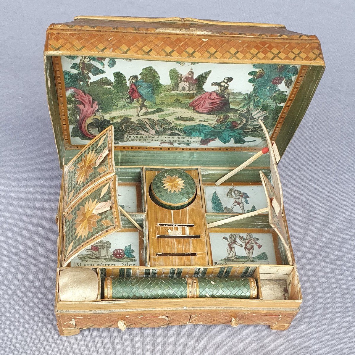 Hairdressing Box In Straw Marquetry, 18th Century "declaration Of Love"-photo-3