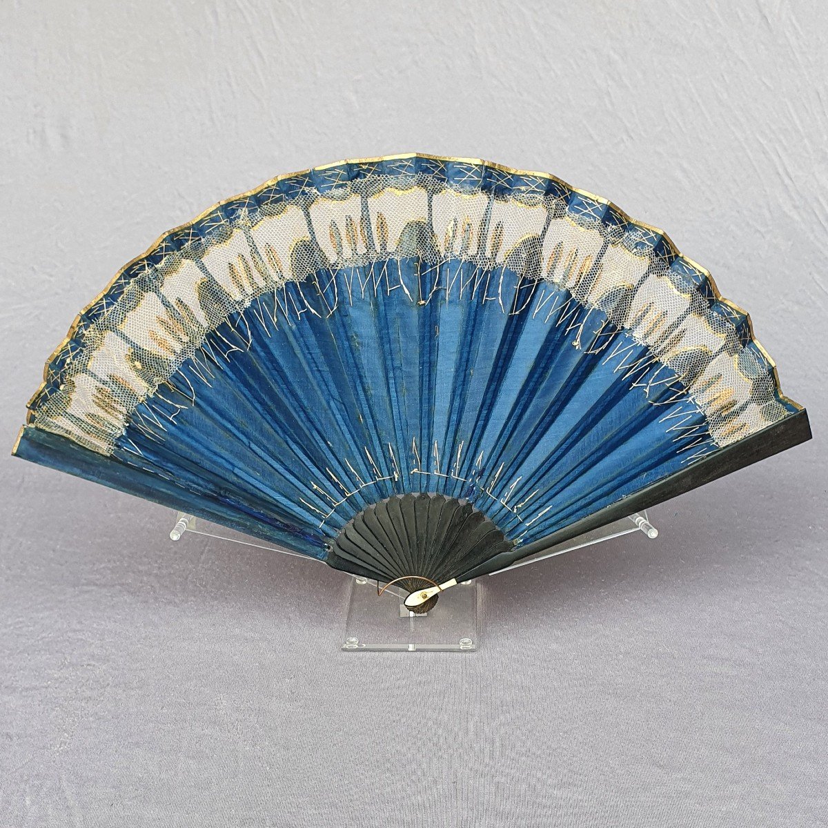 Antique Fan, Blue Silk, Tulle And Gold Sequins, Circa 1800-photo-4