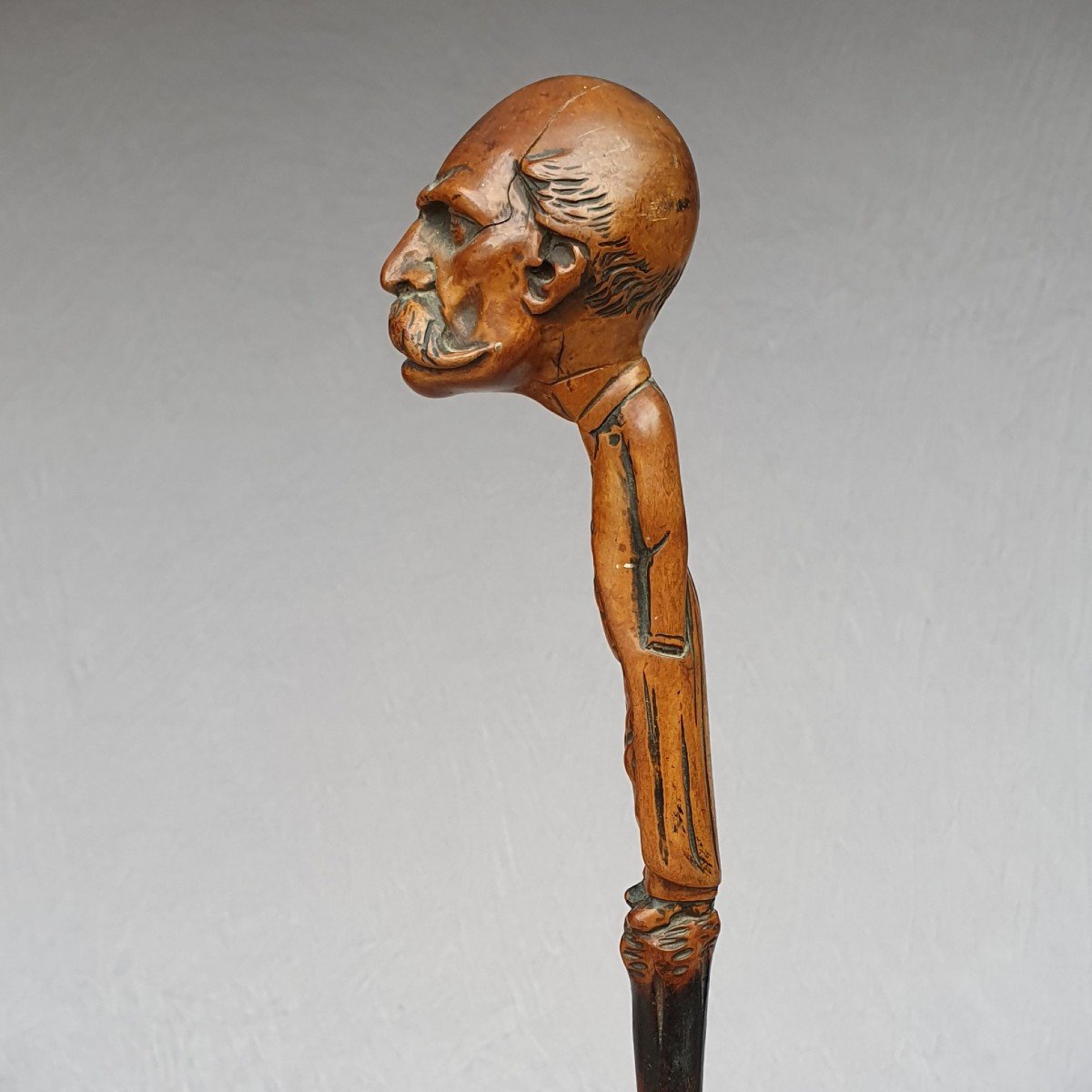 Popular Art Cane, Georges Clemenceau Caricature, Monoxyl Carved Wood, Circa 1906-photo-4