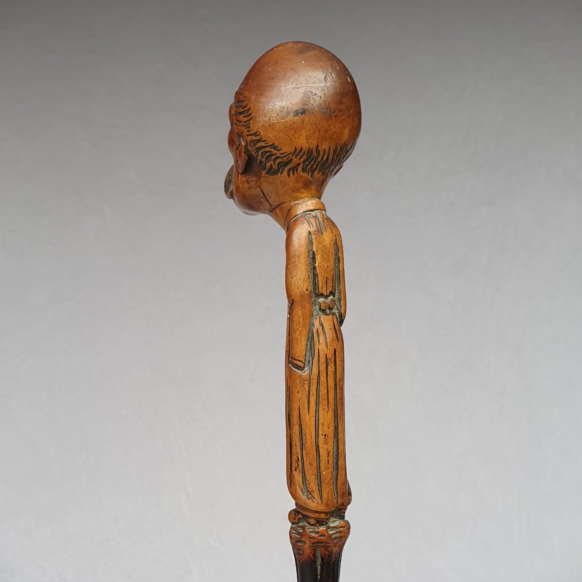 Popular Art Cane, Georges Clemenceau Caricature, Monoxyl Carved Wood, Circa 1906-photo-1