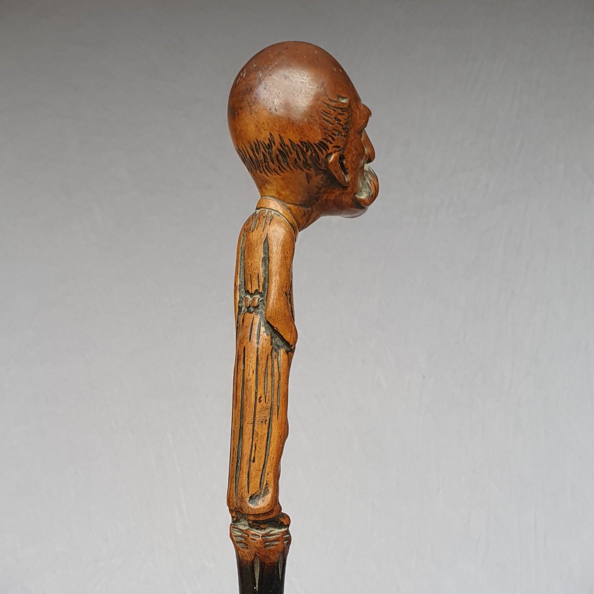 Popular Art Cane, Georges Clemenceau Caricature, Monoxyl Carved Wood, Circa 1906-photo-2