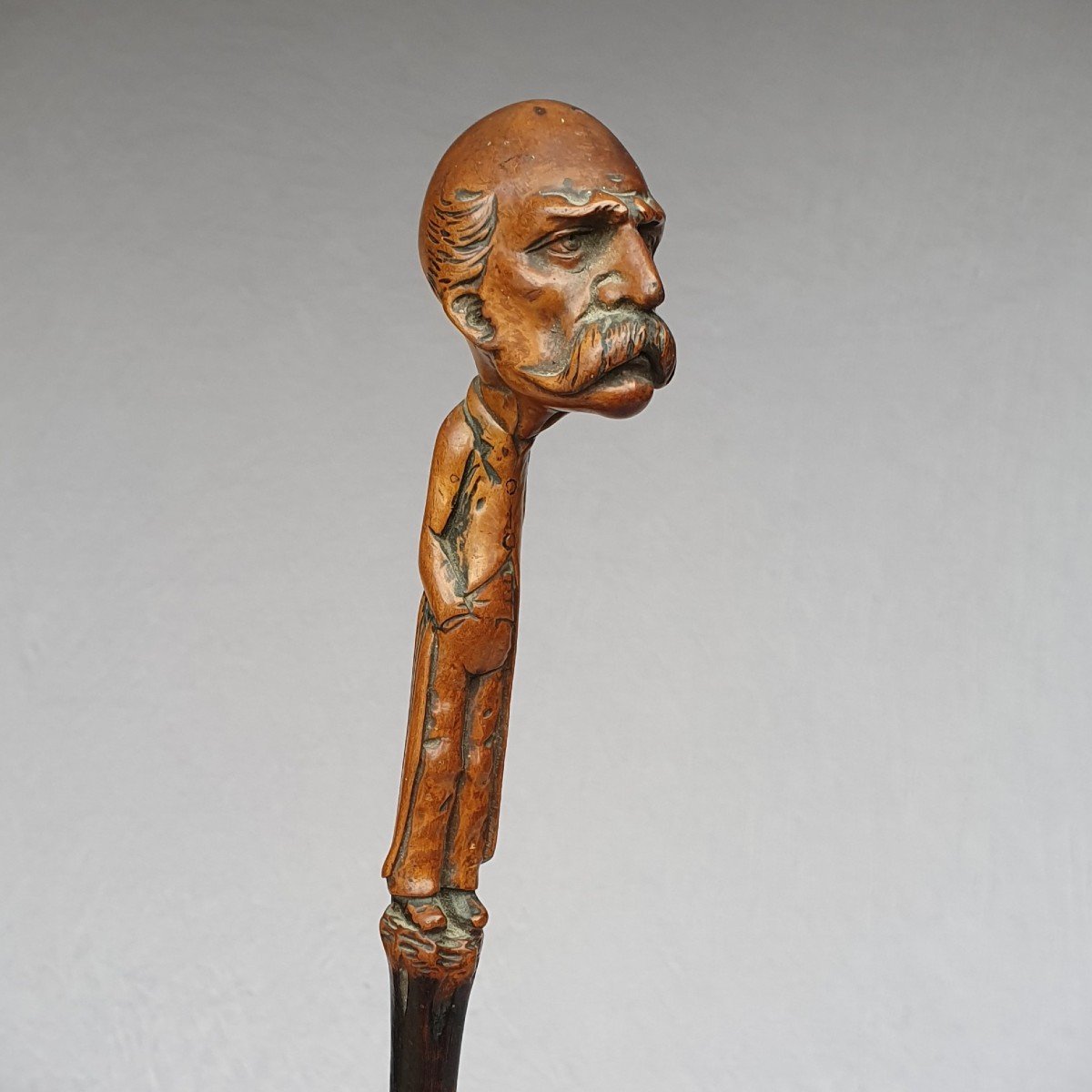 Popular Art Cane, Georges Clemenceau Caricature, Monoxyl Carved Wood, Circa 1906