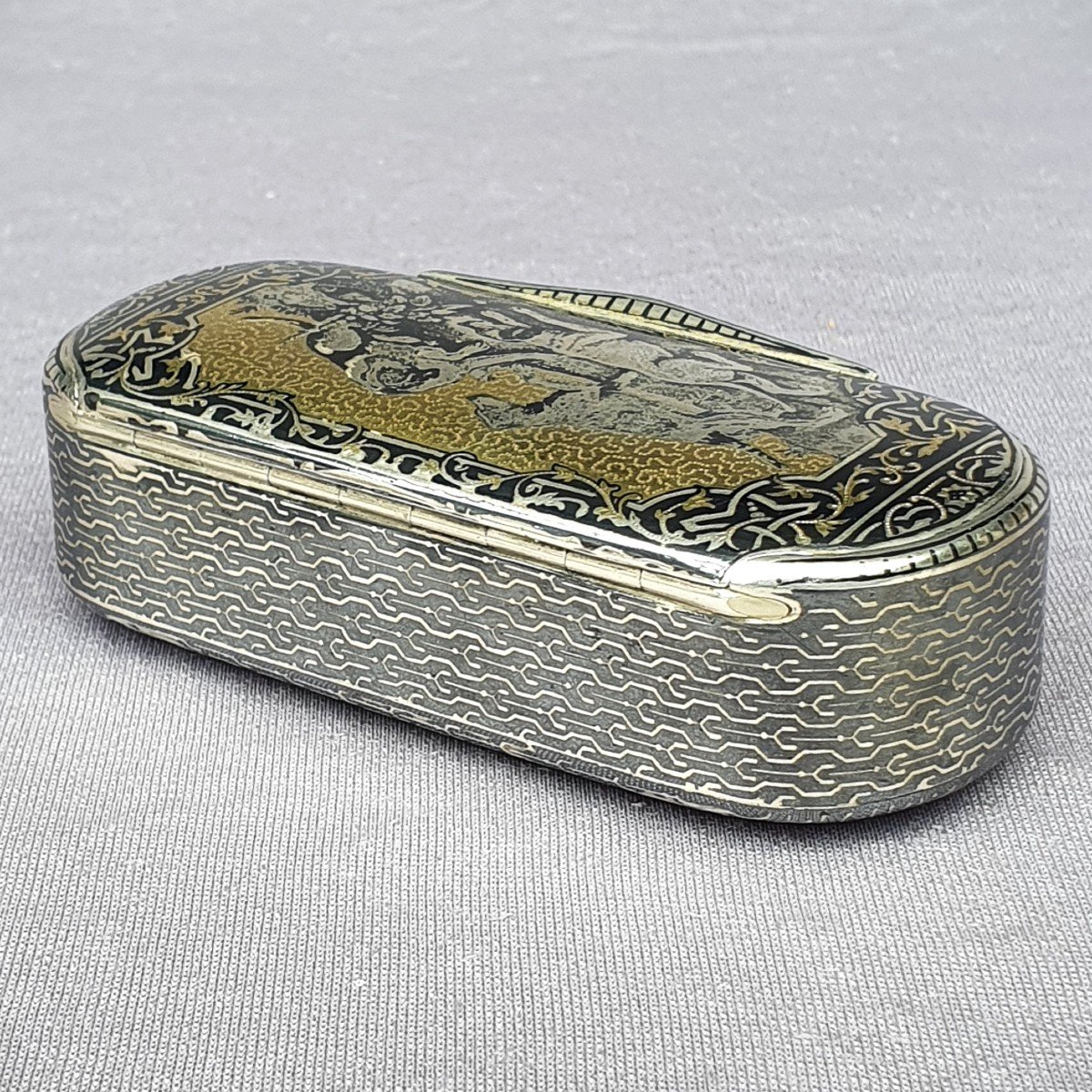 Niello Silver Snuffbox, Hunting Dogs, Spaniel, 19th Century-photo-4