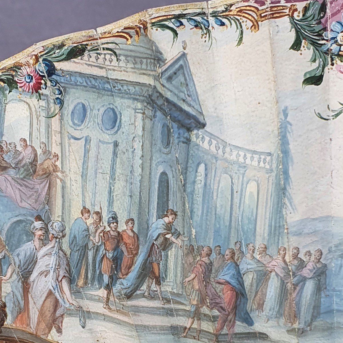 Eventail ancien, vers 1775, nacre et gouache, Apollon et les Muses-photo-1
