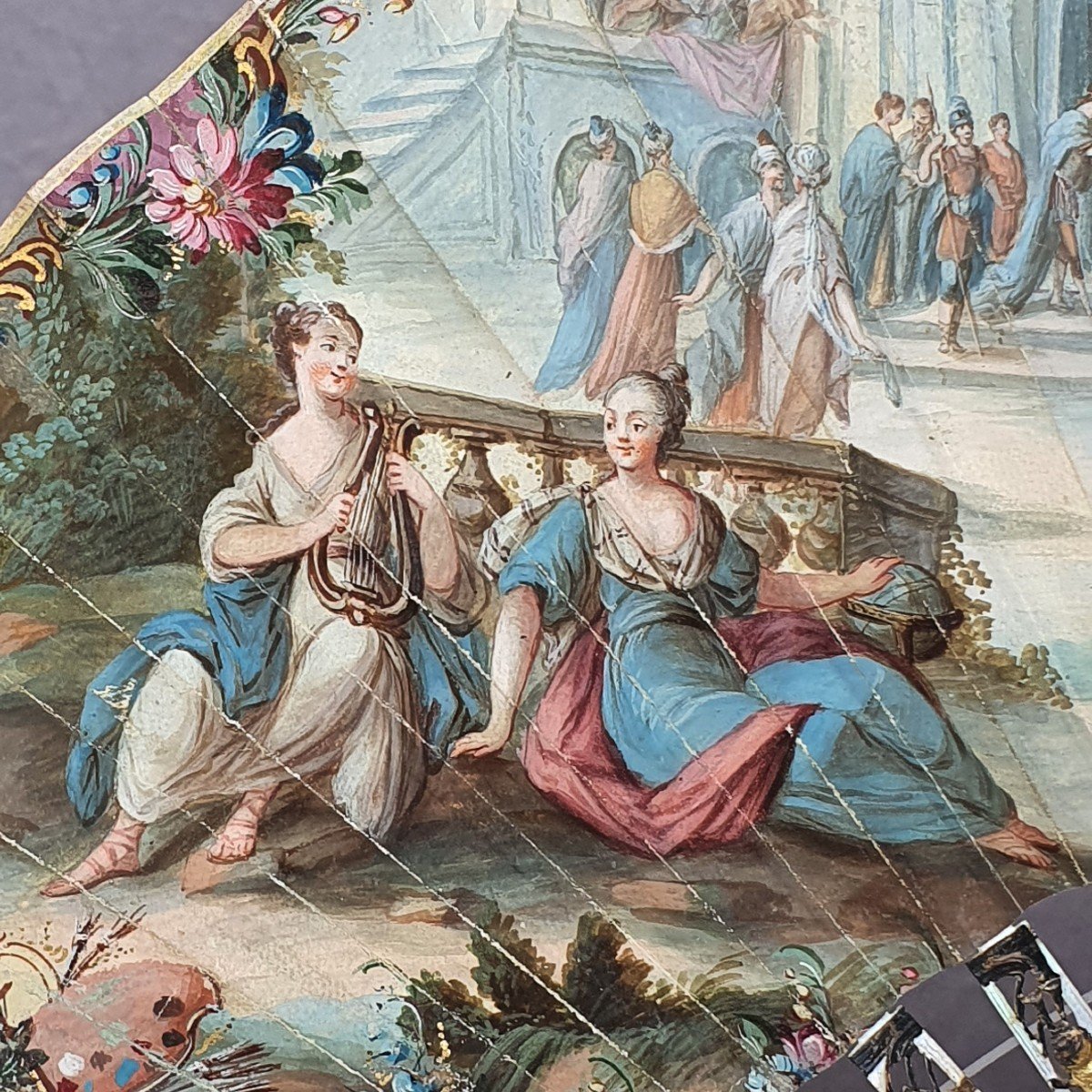 Eventail ancien, vers 1775, nacre et gouache, Apollon et les Muses-photo-2