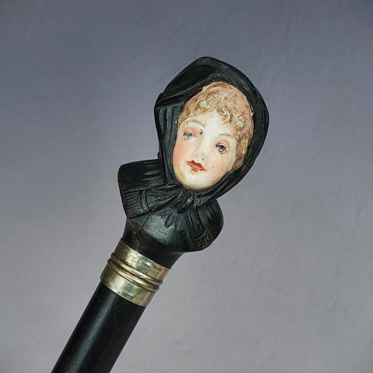 Wood And Porcelain Cane, Woman With A Scarf, Circa 1900-photo-4