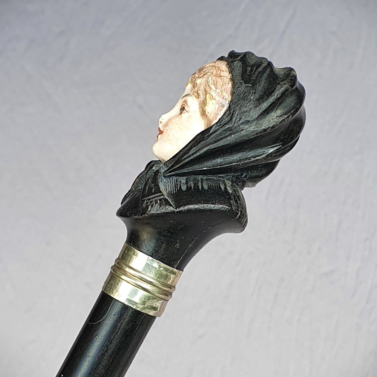 Wood And Porcelain Cane, Woman With A Scarf, Circa 1900-photo-3