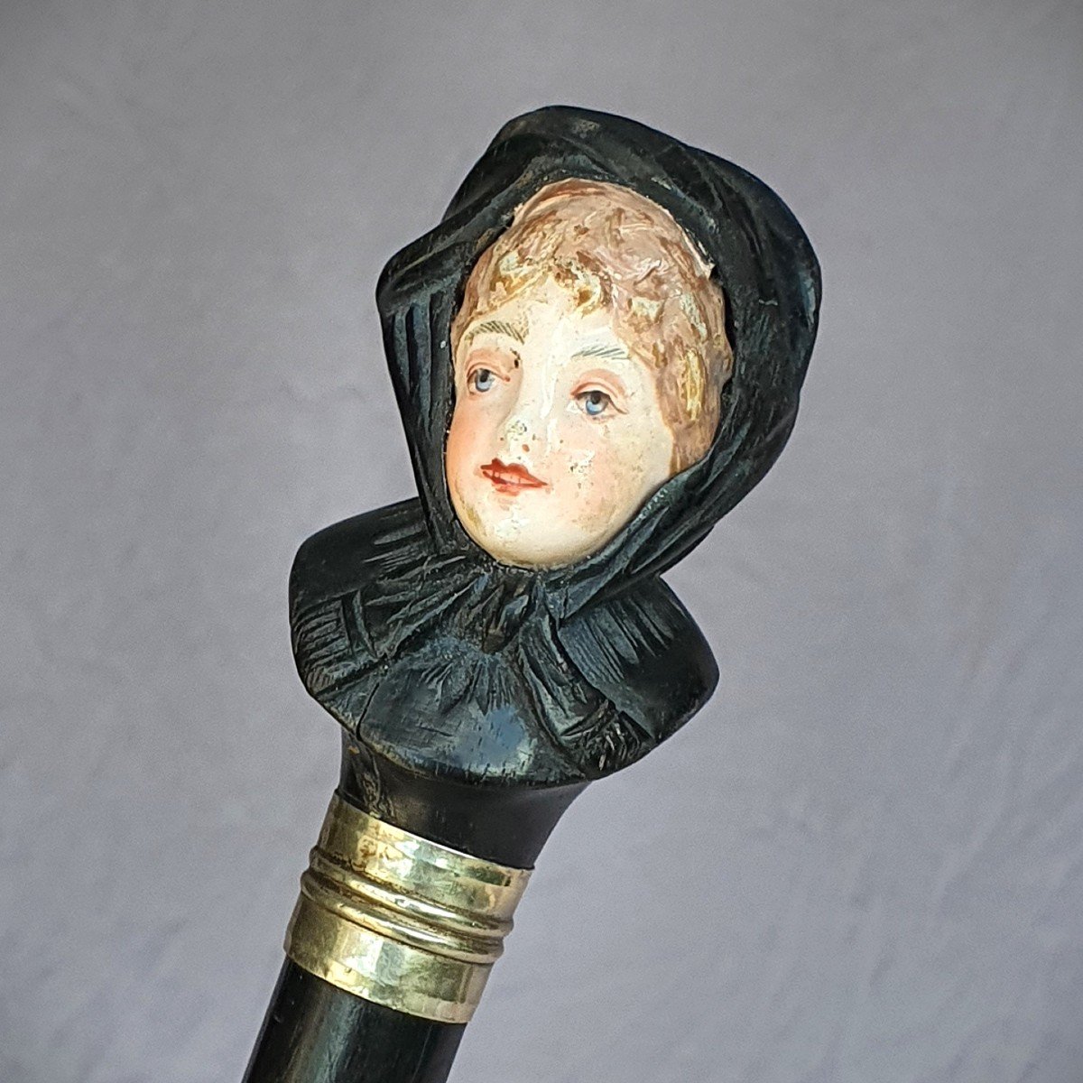 Wood And Porcelain Cane, Woman With A Scarf, Circa 1900