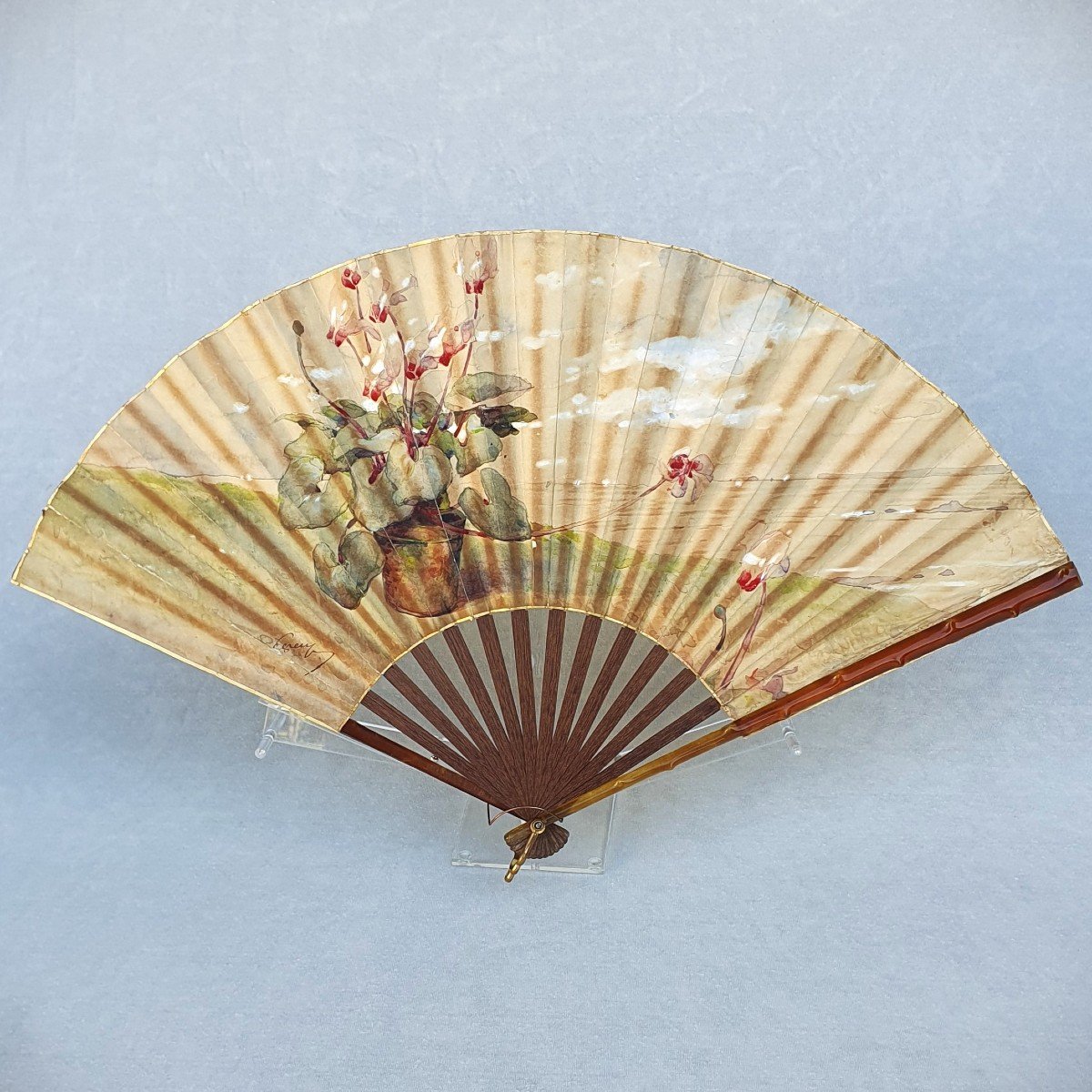 Fan, Horn And Wood, Signed Painting On Skin, Circa 1910-photo-2