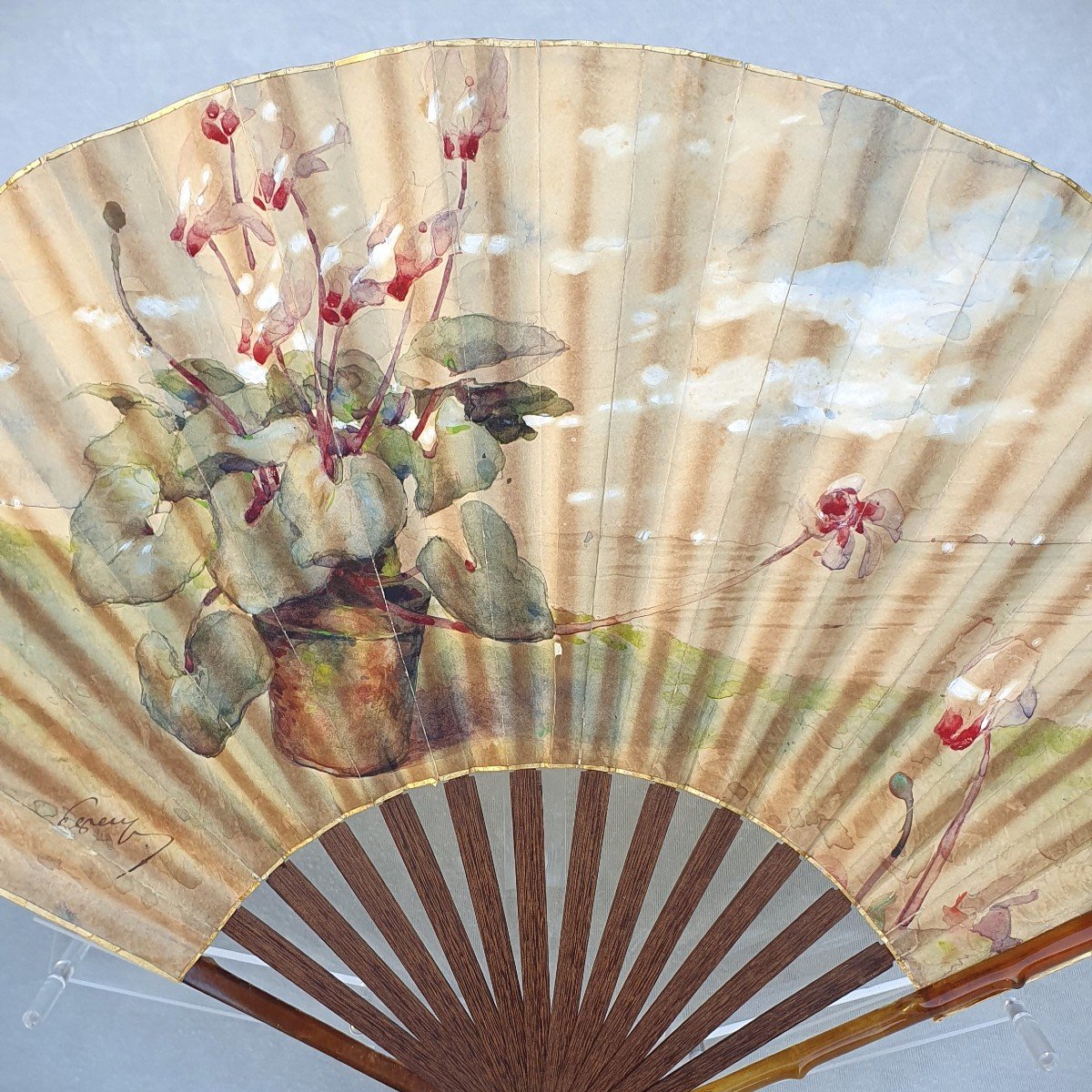 Fan, Horn And Wood, Signed Painting On Skin, Circa 1910-photo-3