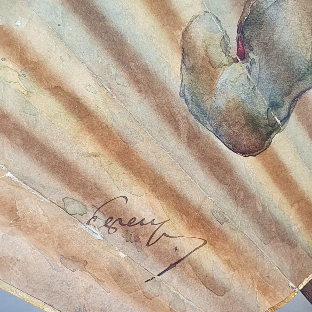 Fan, Horn And Wood, Signed Painting On Skin, Circa 1910-photo-4