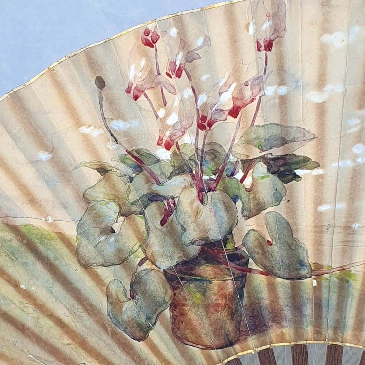 Fan, Horn And Wood, Signed Painting On Skin, Circa 1910-photo-2