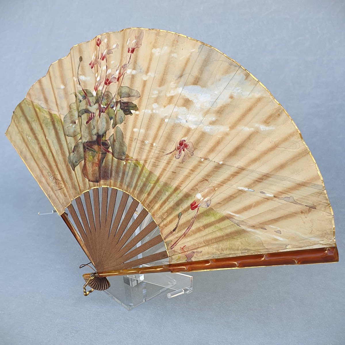 Fan, Horn And Wood, Signed Painting On Skin, Circa 1910