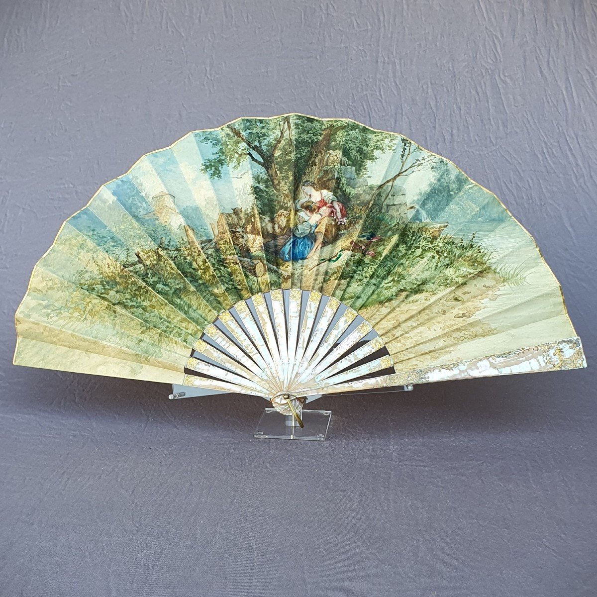 Antique Fan, 19th Century, Mother-of-pearl And Gouache On Leather, Maison Faucon In Paris-photo-2