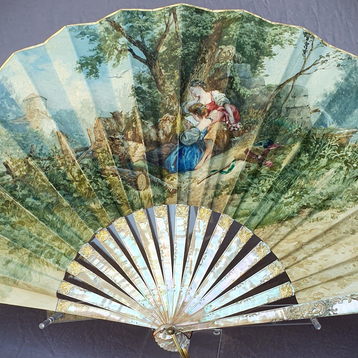 Antique Fan, 19th Century, Mother-of-pearl And Gouache On Leather, Maison Faucon In Paris-photo-3