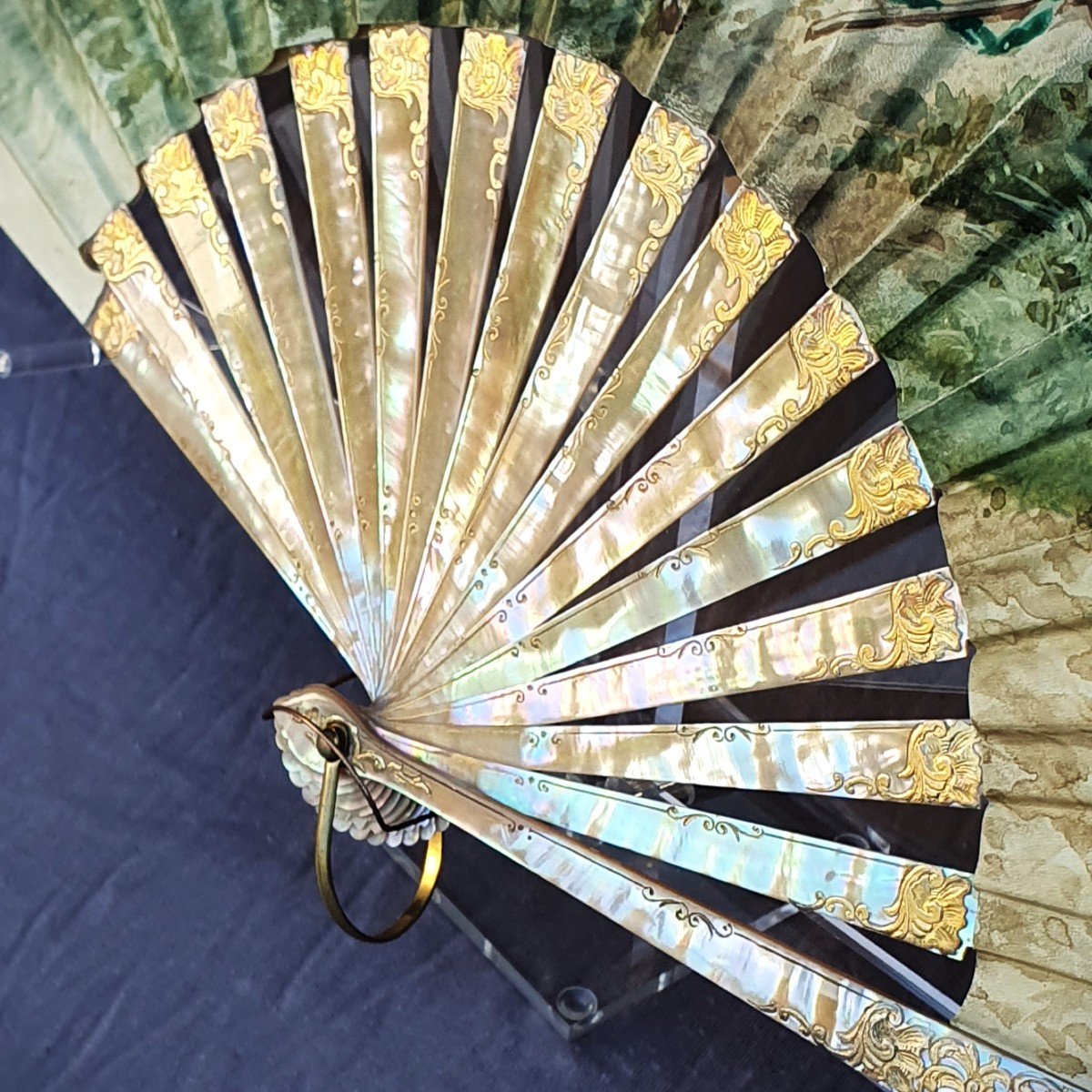 Antique Fan, 19th Century, Mother-of-pearl And Gouache On Leather, Maison Faucon In Paris-photo-1